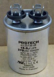 Rheem 43-25136-08 capacitor 15 mfd, 370V